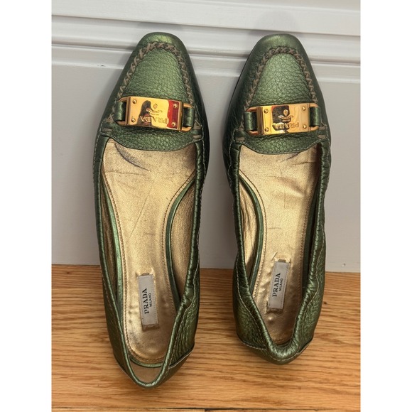 Prada Shoes - Prada Metallic Olive Leather Plaque Loafers EU 36 Vintage Y2K Made Italy